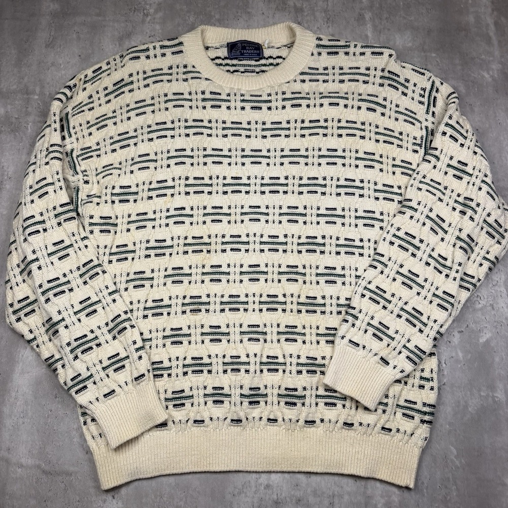 Vintage Peconic Bay Traders 3D Knit Sweater Large White Fisherman Grandpa USA